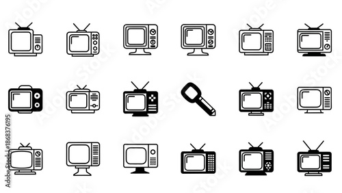 Collection of Vintage Television Icons in Black and White Line Art Style for Retro Design Projects