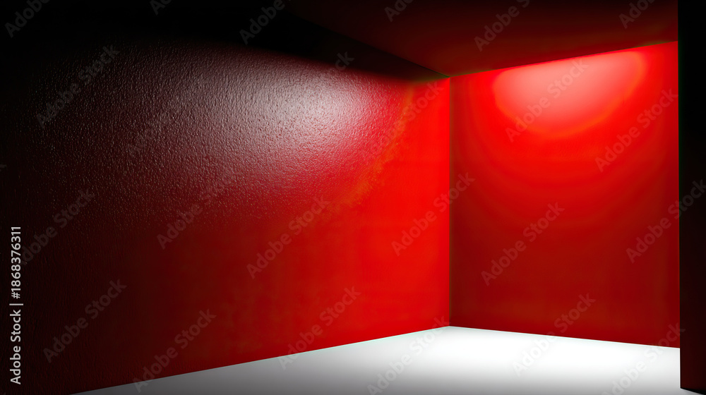 Obraz premium Minimal red room with textured wall, glowing light, white floor, and dramatic shadow creates calm, modern, and romantic atmosphere, perfect for Valentine or love themed backgrounds