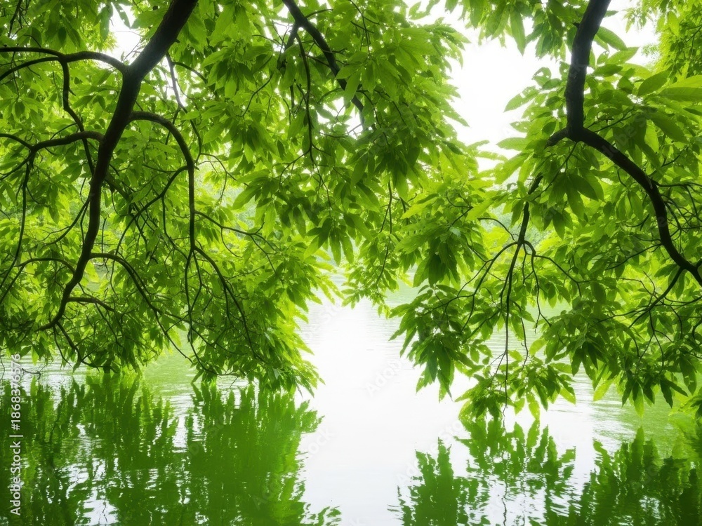 Fototapeta premium A serene landscape of green tree branches over a calm reflective lake