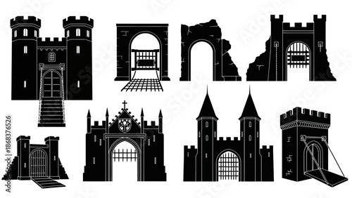 Set of black castle silhouette icons representing medieval fortress structures and gateways
