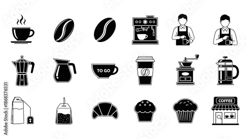 Minimalist Coffee Shop Icons Depicting Coffee, Baristas, and Equipment for Digital Designs