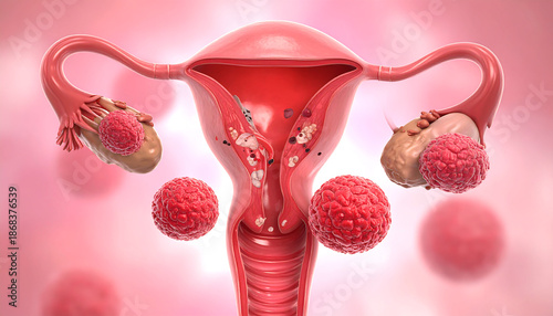 3D rendering of female reproductive system with cancerous tumors and cells.