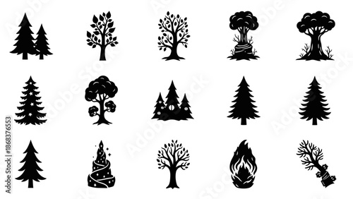 Collection of 15 diverse black silhouette tree illustrations suitable for various design projects