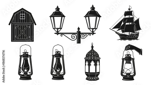 Collection of vintage outdoor lanterns, a barn, street lamps, and a sailing ship in silhouette style