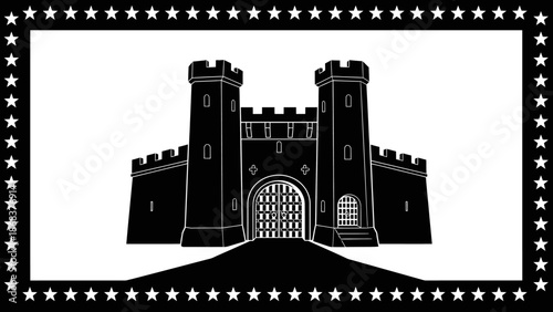 Silhouette of a medieval castle with two tall towers and a gated entrance in black and white outline