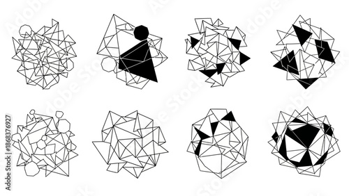 Abstract geometric wireframe illustrations with interconnected polygons and varied shapes