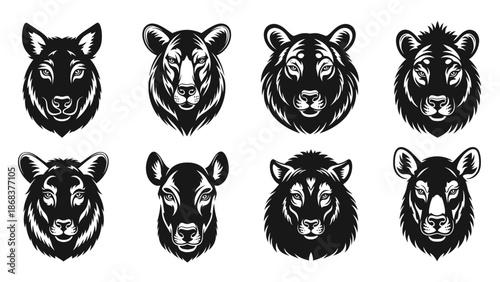 Collection of Eight Black and White Animal Head Illustrations Featuring Lions Tigers Wolves and