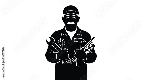 Silhouette of a skilled repairman wearing a cap holding various essential tools in both hands