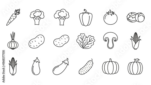 Collection of Line Art Vegetables and Fruits Icons for Cooking and Nutrition Themes