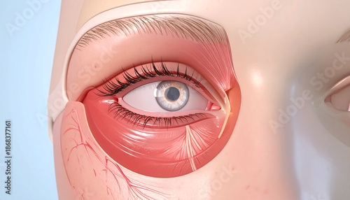 Detailed anatomical illustration of the human eye and surrounding muscles, showcasing the orbicularis oculi and periorbital structures.
