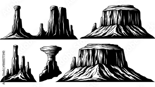 Vector illustrations of iconic desert landscape formations including mesas and buttes in black and