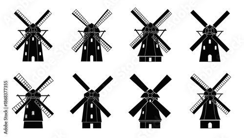 Collection of Classic Windmill Silhouettes in Various Designs and Styles for Illustrations