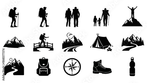 Silhouette of hikers and outdoor adventure icons with mountain scenery and camping gear