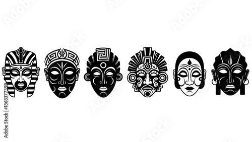 Stylized African Tribal Masks in Black Silhouettes for Cultural Art and Decor