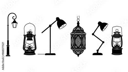 Collection of Various Vintage Lanterns and Lamps Including Streetlights and Hanging Lanterns in