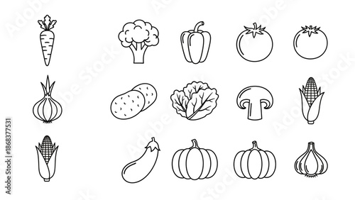 Collection of simple line drawings of various vegetables and fruits for educational or design use