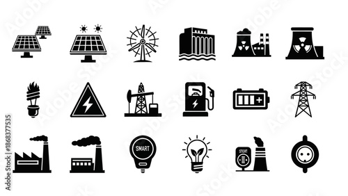 Collection of black and white icons representing renewable energy sources and industrial facilities