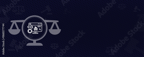 Digital Real Estate Law Vector Illustration with House Icon on Monitor and Justice Scales for Online Property Rights with Professional Design and Copy Space