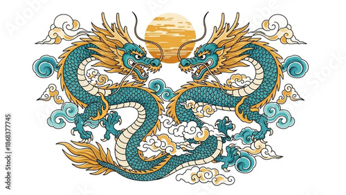 Two Dragons Facing Sun Illustration