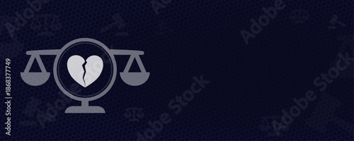 Divorce and Family Law Concept Vector with Scales of Justice and Broken Heart Icon on Dark Blue Background for Legal Services and Copy Space