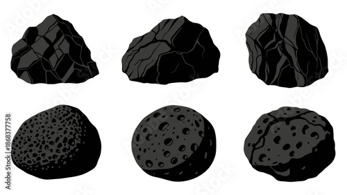 Illustration of Various Types of Volcanic Rocks and Lava Bits in Black and Gray Tones
