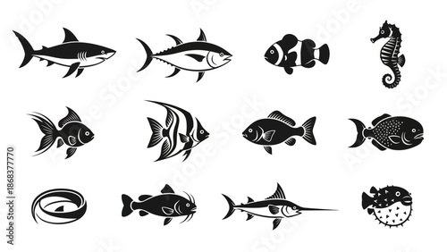 Collection of Various Fish and Marine Creature Silhouettes in Black and White