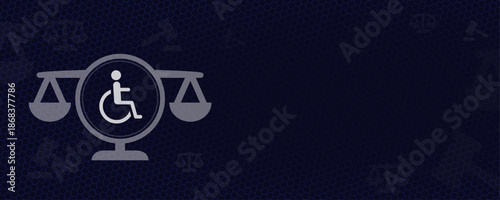 Disability Rights and Accessibility Law Vector with Wheelchair Icon inside Justice Scales Emblem for Inclusion and Equality with Dark Blue Copy Space