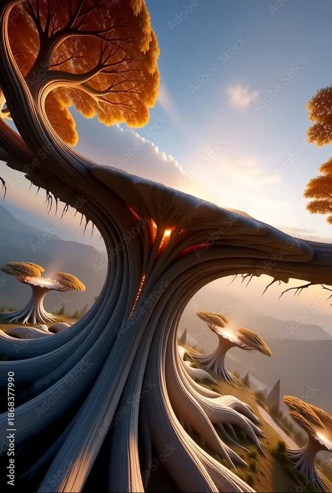 custom made wallpaper toronto digitalAbstract digital art of surreal trees and glowing lights in a fantasy landscape.