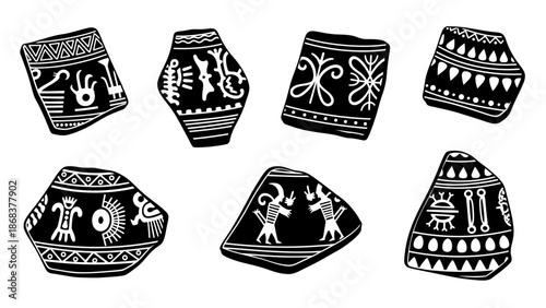 Ancient tribal pottery with intricate black and white geometric and animal motifs collection