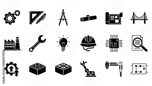 Collection of engineering and technical tools icons representing industrial design and technology
