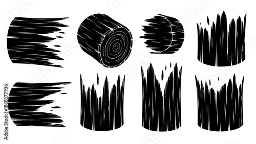 Abstract depiction of cut wood logs and timber slices in black silhouette style