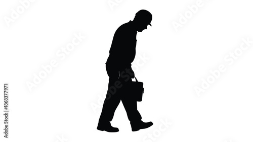 Silhouette of a construction worker or engineer walking away carrying a briefcase on white background
