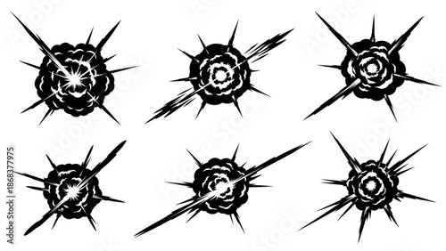 Collection of stylized black and white explosion and impact graphic icons for visual design or