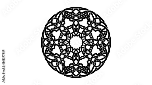 Intricate Circular Celtic Knot Design with Symmetrical Patterning in Black and White for