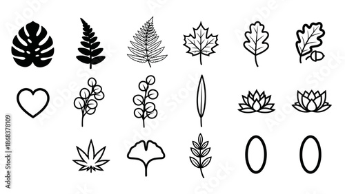 Collection of Minimalist Botanical and Leaf Icons in Black and White for Design Projects