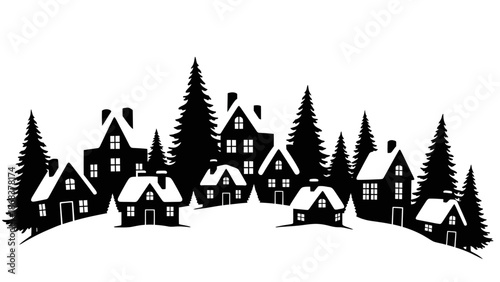 Silhouette of a Cozy Village with Tall Evergreen Trees and Charming Houses in Black and White