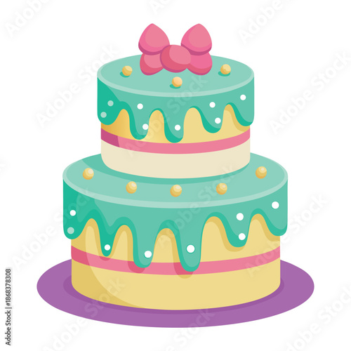 Cake illustration with chocolate, strawberry drip, and layered design.