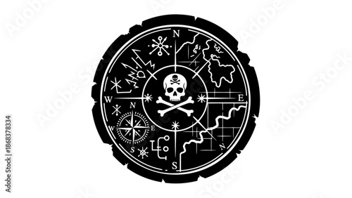 Black and white nautical compass with skull design and map elements for navigation themes