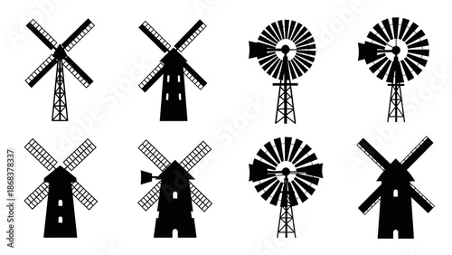 Set of eight black and white windmill icons with varying designs and styles