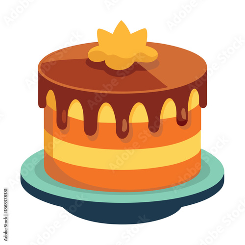 Cake illustration with chocolate, strawberry drip, and layered design.