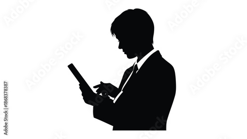 Silhouette of a focused businessman in a suit interacting with a handheld digital tablet device