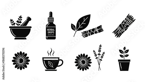 Collection of herbal remedies and natural wellness icons in monochrome style