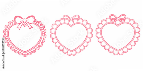 Three pink heart shaped frames with ornate details displayed in a row
