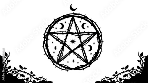 Mystical pentagram surrounded by moons and stars in ornate black design