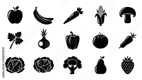 Silhouette Collection of Various Fresh Fruits and Vegetables for Healthy Living Design