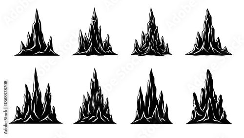 Series of stylized mountain peaks illustrations with varying shapes and detail levels for creative