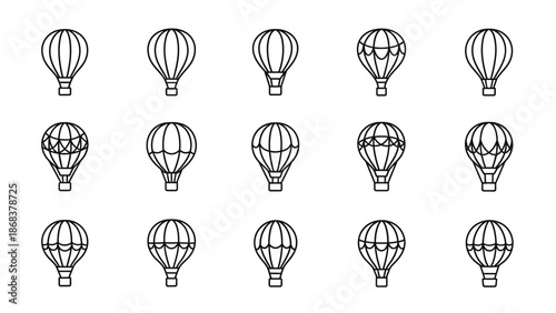 Set of 15 hot air balloon line art icons representing different styles and details for graphic