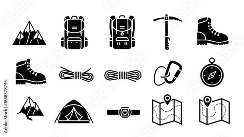 Collection of outdoor adventure icons including mountains tents and camping gear suitable for
