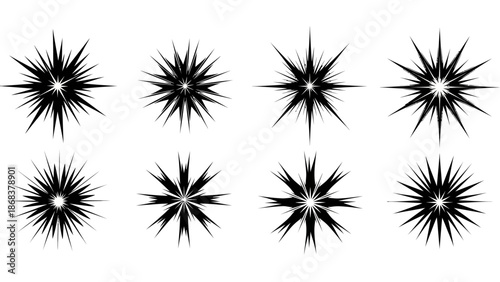 Collection of Eight Different Black and White Starburst and Sparkle Shapes for Design and
