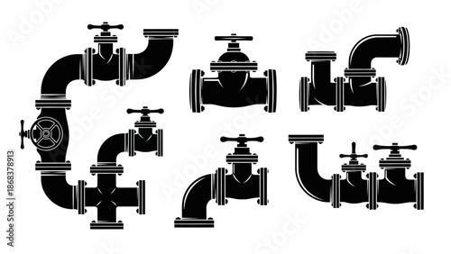 Collection of Various Black Plumbing Pipes and Fittings Set in Silhouette Style for Construction